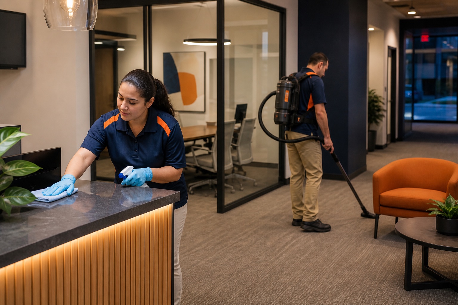Professional team cleaning a modern office reception area after business hours
