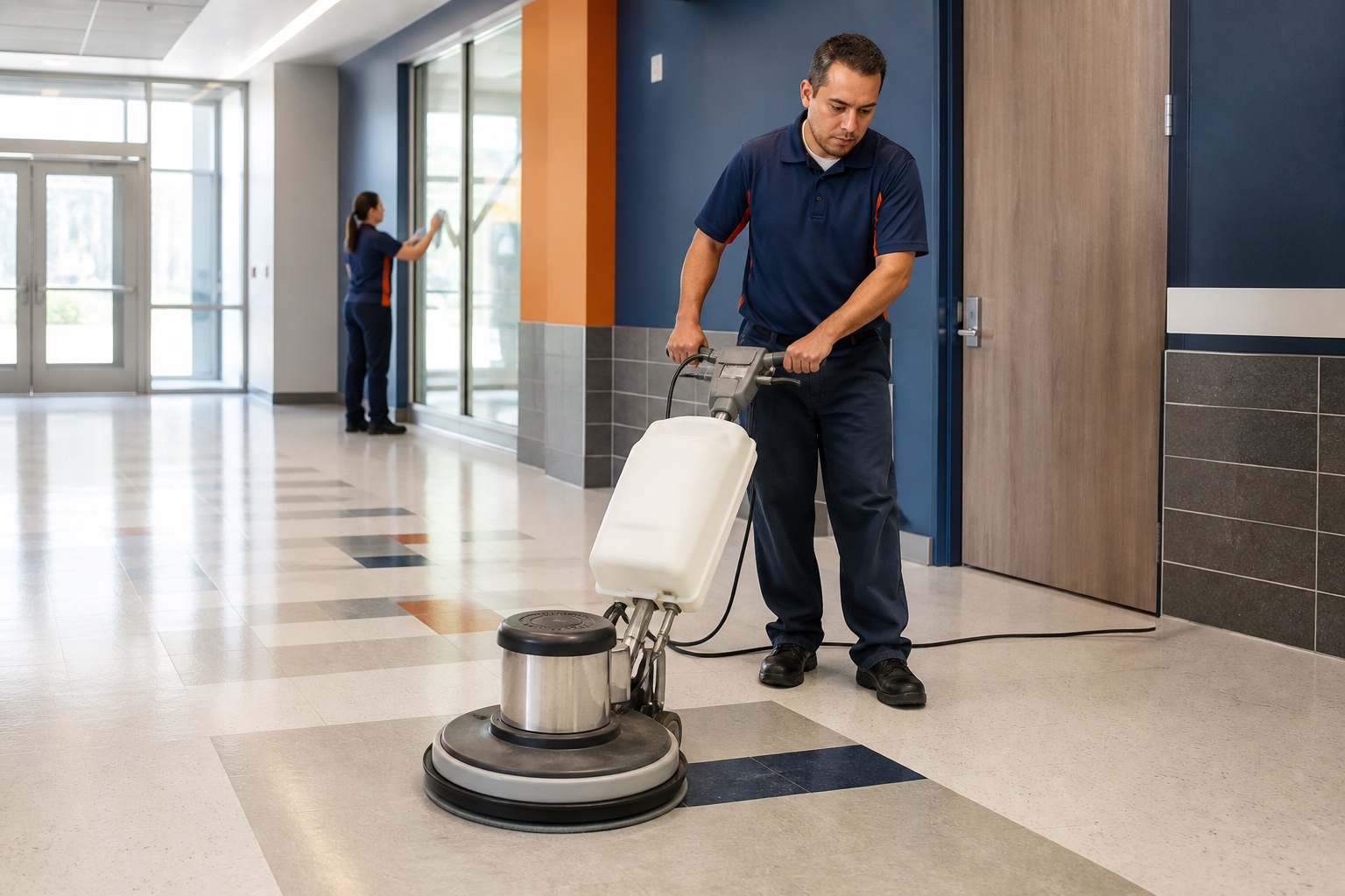 Cleaning technician operating a professional rotary floor machine in a commercial corridor