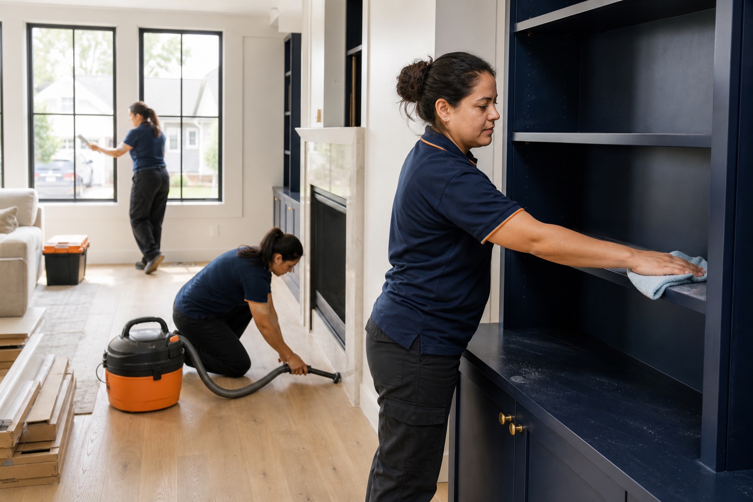 Professional team detailing shelves and floors after a home renovation